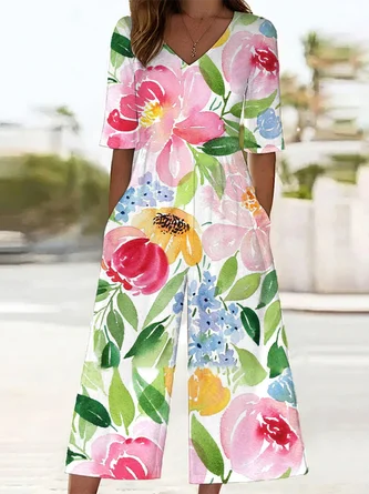 Women Floral V Neck Half Sleeve Casual Summer Jumpsuit