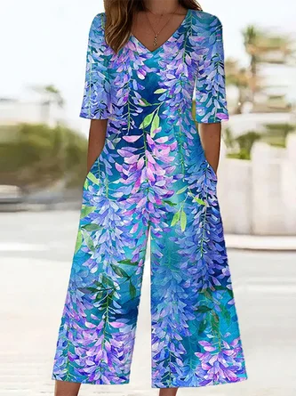 Women Floral V Neck Half Sleeve Casual Summer Jumpsuit