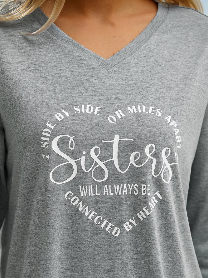 Women Sister Text Letters Regular Fit Casual V Neck T-Shirt