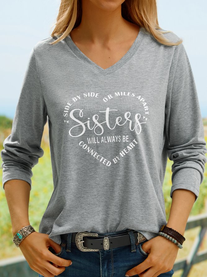 Women Sister Text Letters Regular Fit Casual V Neck T-Shirt