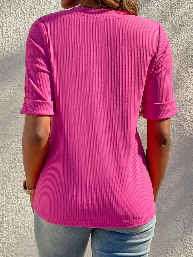 Women's Half Sleeve T-shirt Summer Plain Ribbed V Neck Going Out Casual Top Deep Pink 