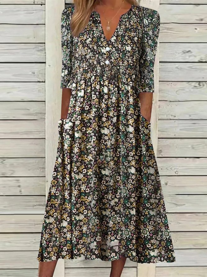 Women's Short Sleeve Summer Floral Dress V Neck Daily Going Out Casual Midi H-Line