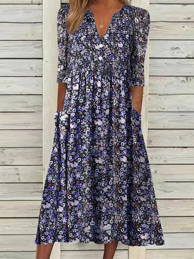 Women's Short Sleeve Summer Floral Dress V Neck Daily Going Out Casual Midi H-Line