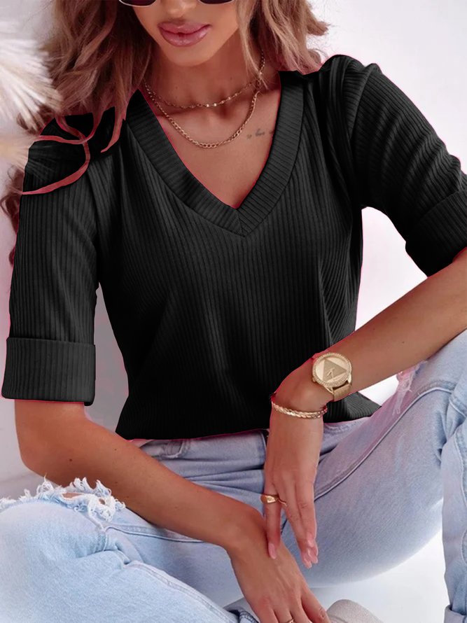 Women's Half Sleeve T-shirt Summer Plain Ribbed V Neck Going Out Casual Top Deep Pink 