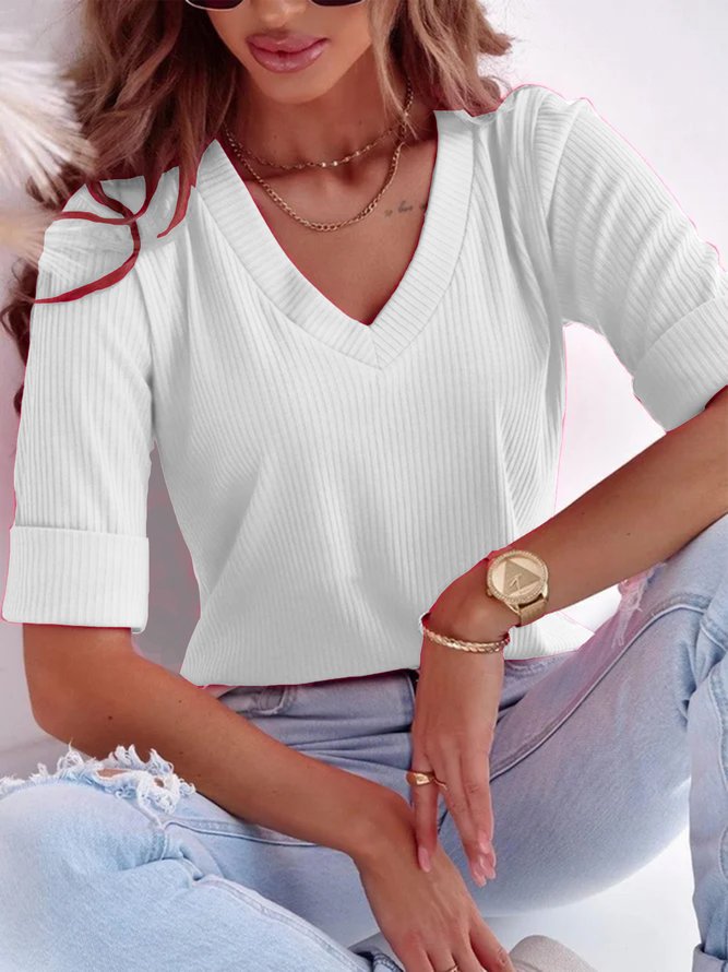 Women's Half Sleeve T-shirt Summer Plain Ribbed V Neck Going Out Casual Top Deep Pink 