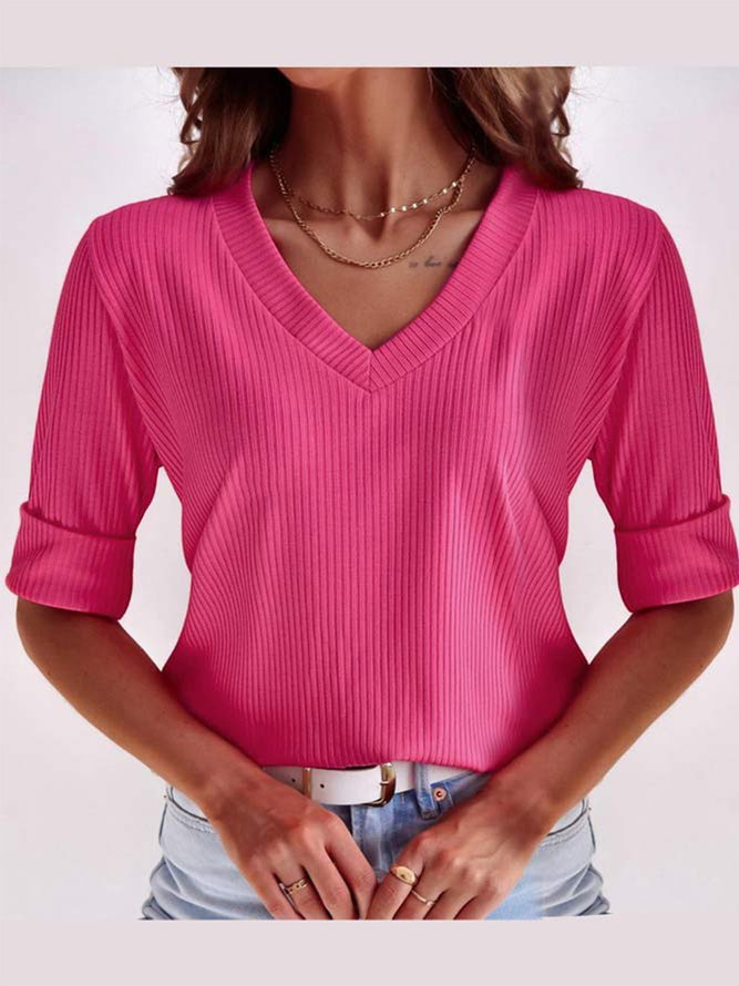 Women's Half Sleeve T-shirt Summer Plain Ribbed V Neck Going Out Casual Top Deep Pink 