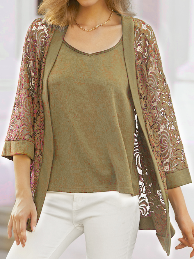Women's Plain Daily Going Out Two Piece Set Three Quarter Sleeve Casual Spring/Fall Coat With Cami Matching Set