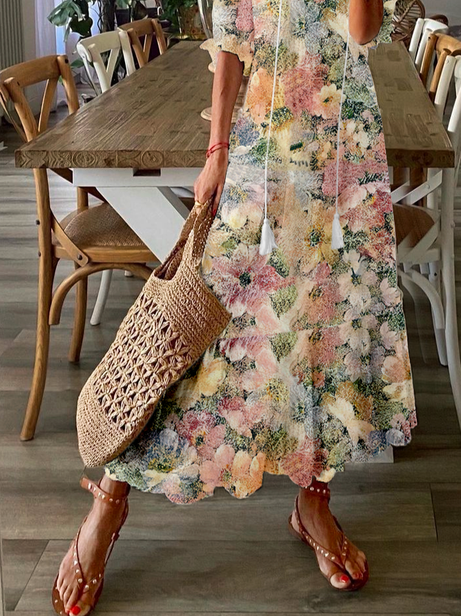 Women's Long Sleeve Spring/Fall Floral Dress V Neck Daily Going Out Casual Maxi H-Line