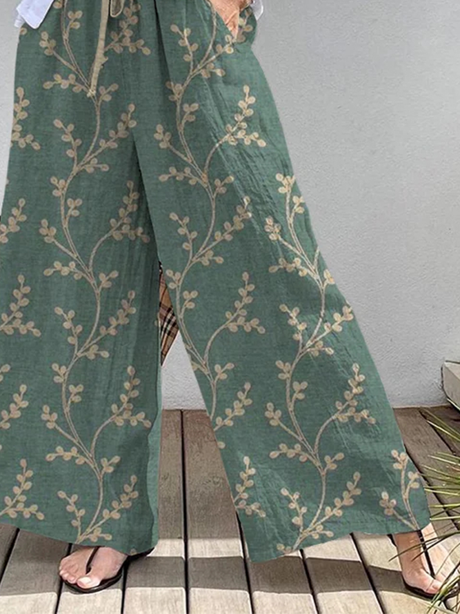 Cotton-Blend Floral Casual Pants