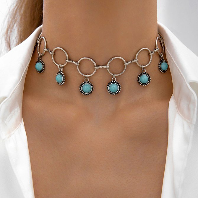 Amazon cross-border jewelry retro ethnic style creative design hollow carved turquoise necklace clavicle chain for women