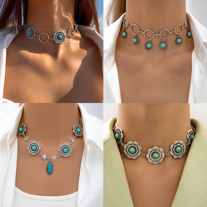 Amazon cross-border jewelry retro ethnic style creative design hollow carved turquoise necklace clavicle chain for women