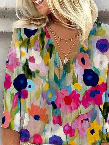 Women's 3/4 Sleeve Blouse Summer Abstract Floral Colorful V Neck Daily Going Out Casual Top