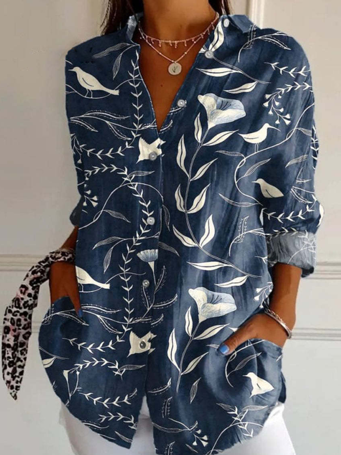 Women's Stripes Floral Long Sleeve Shirt Spring/Fall Shirt Collar Daily Casual Top