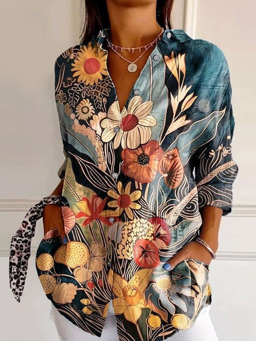 Women's Stripes Floral Long Sleeve Shirt Spring/Fall Shirt Collar Daily Casual Top