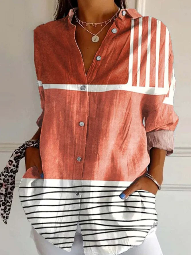 Women's Stripes Floral Long Sleeve Shirt Spring/Fall Shirt Collar Daily Casual Top
