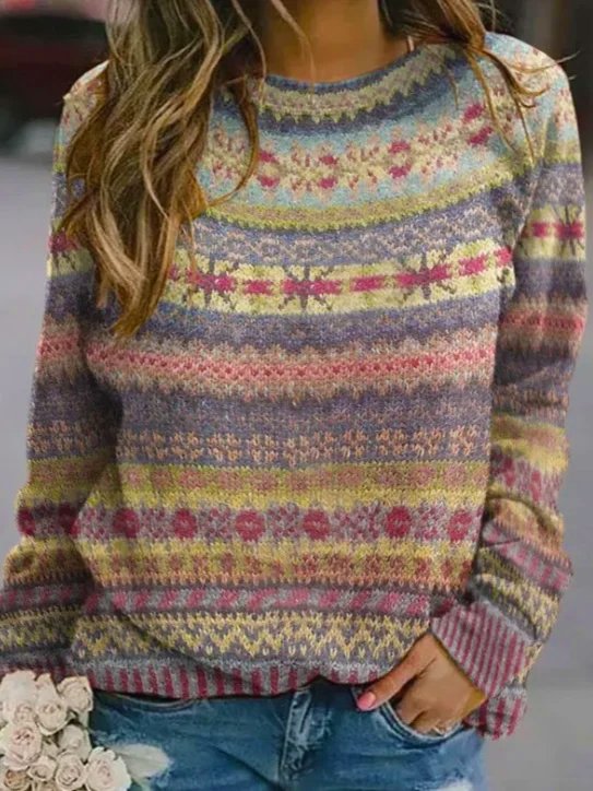 Loose Crew Neck Long Sleeve Geometric Fashion Regular Sweater