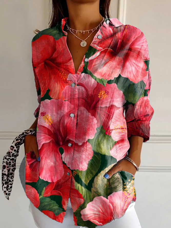 Women's Stripes Floral Long Sleeve Shirt Spring/Fall Shirt Collar Daily Casual Top