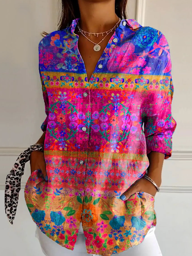 Women's Stripes Floral Long Sleeve Shirt Spring/Fall Shirt Collar Daily Casual Top