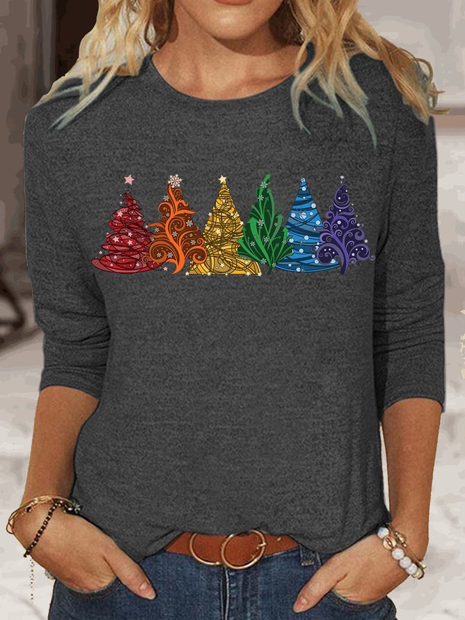 Women's Long Sleeve Tee T-shirt Spring/Fall Christmas Tree Jersey Crew Neck Daily Going Out Casual Top