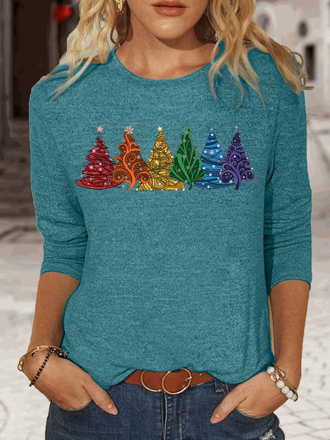 Women's Long Sleeve Tee T-shirt Spring/Fall Christmas Tree Jersey Crew Neck Daily Going Out Casual Top