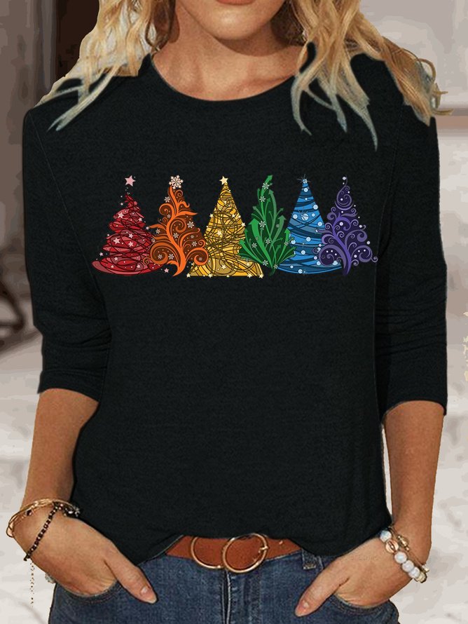 Women's Long Sleeve Tee T-shirt Spring/Fall Christmas Tree Jersey Crew Neck Daily Going Out Casual Top