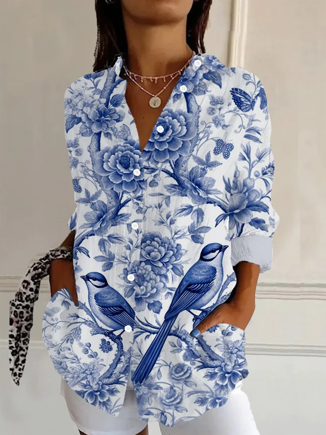Women's Long Sleeve Shirt Spring/Fall Floral Shirt Collar Daily Going Out Casual Top