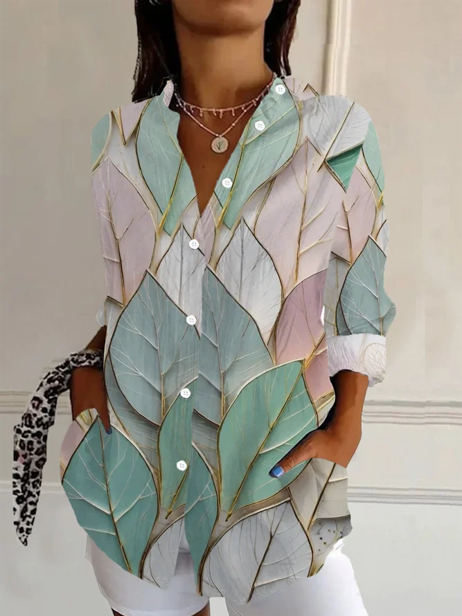 Women's Floral Long Sleeve Shirt Spring/Fall Leaf Buckle Shirt Collar Daily Going Out Casual Top