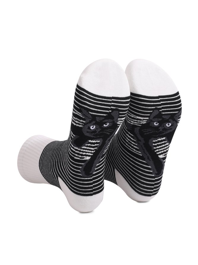 Black and white striped animal cat print mid tube socks