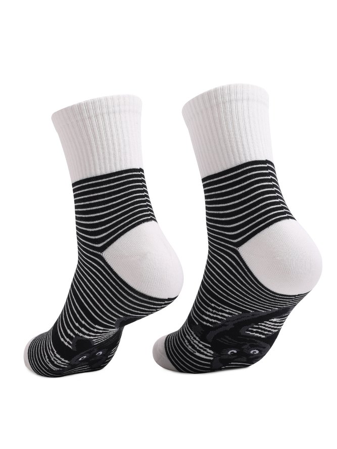 Black and white striped animal cat print mid tube socks