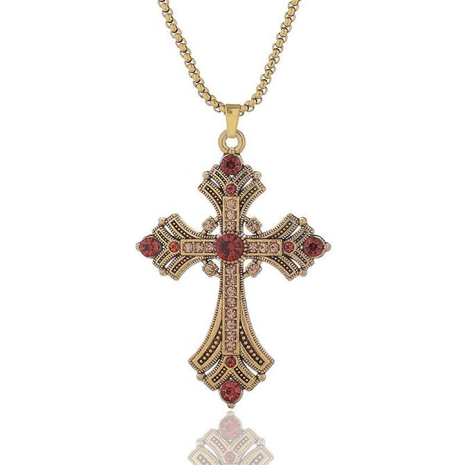 2025 New Retro Diamond Necklace Rhinestone Long Cross Pendant Sweater Chain Fashion Advanced Punk Necklace
