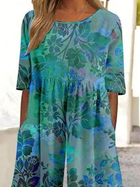 Women Floral Crew Neck Short Sleeve Casual Summer Jumpsuit