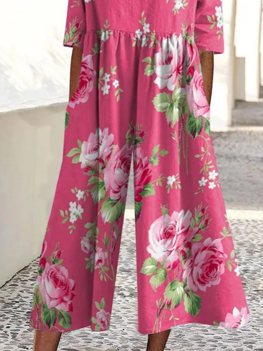 Women Floral Crew Neck Short Sleeve Casual Summer Jumpsuit