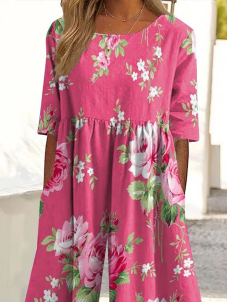 Women Floral Crew Neck Short Sleeve Casual Summer Jumpsuit