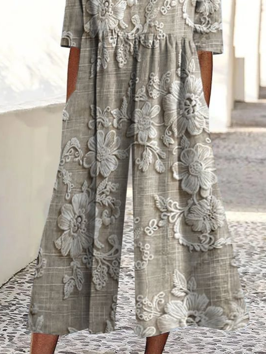 Women Floral Crew Neck Short Sleeve Casual Summer Jumpsuit