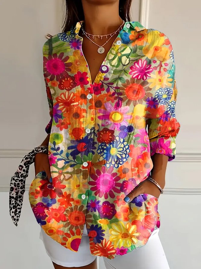 Women's Long Sleeve Shirt Spring/Fall Floral Buckle Shirt Collar Daily Going Out Casual Top