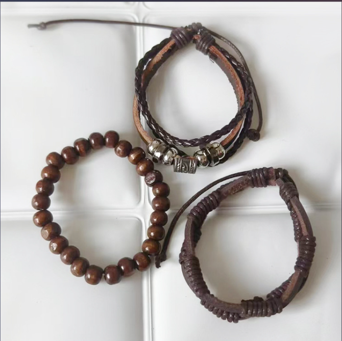 Retro Street Cowboy Leather Bracelet Niche Korean Trend Multi-layer Bodhi Wood Bracelet Adjustable Bracelet