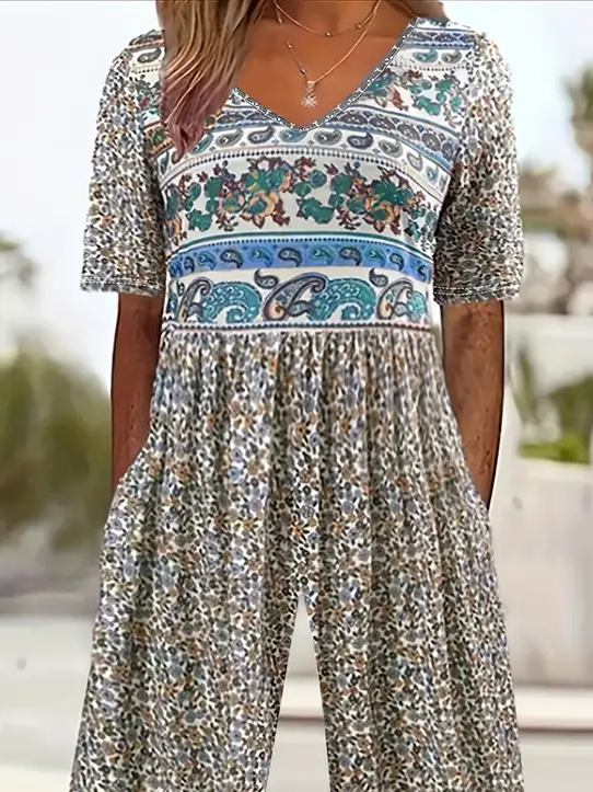 Women Floral V Neck Half Sleeve Casual Summer Jumpsuit