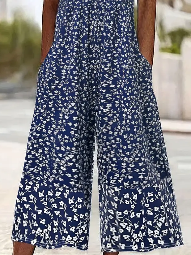 Women Floral V Neck Half Sleeve Casual Summer Jumpsuit