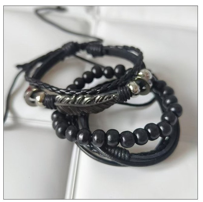 Retro Street Cowboy Leather Bracelet Niche Korean Trend Multi-layer Bodhi Wood Bracelet Adjustable Bracelet