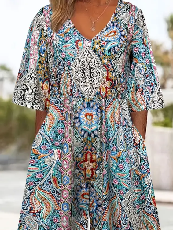 Women Floral V Neck Half Sleeve Casual Summer Jumpsuit