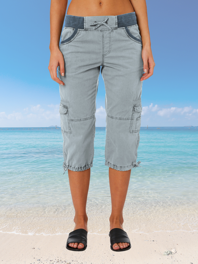 Women Plain Capris Elastic Waist Pants Casual Summer Trousers