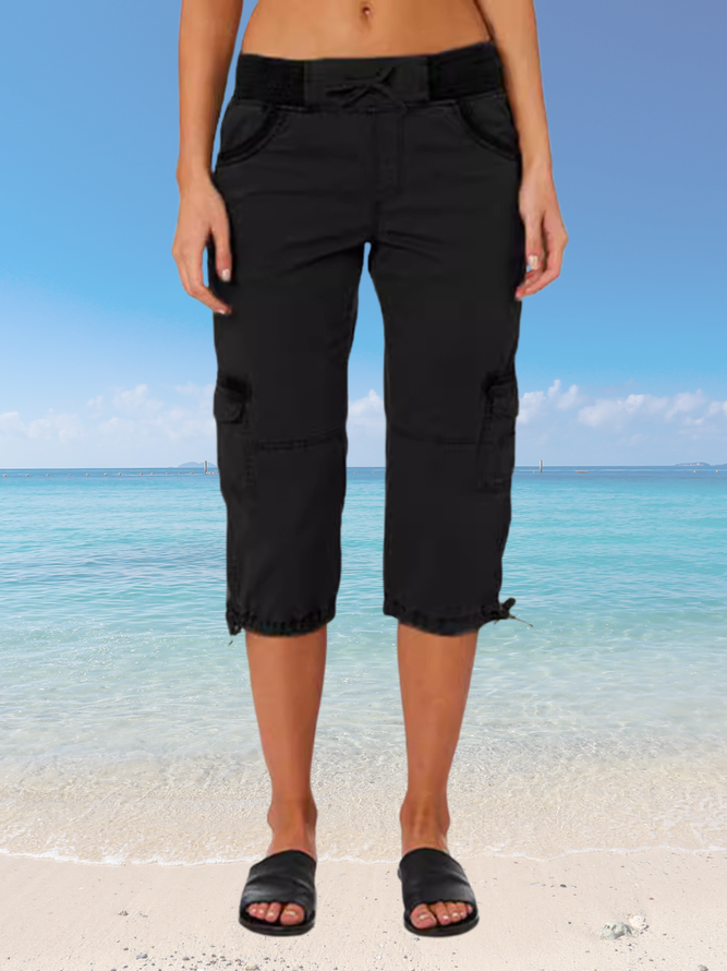 Women Plain Capris Elastic Waist Pants Casual Summer Trousers
