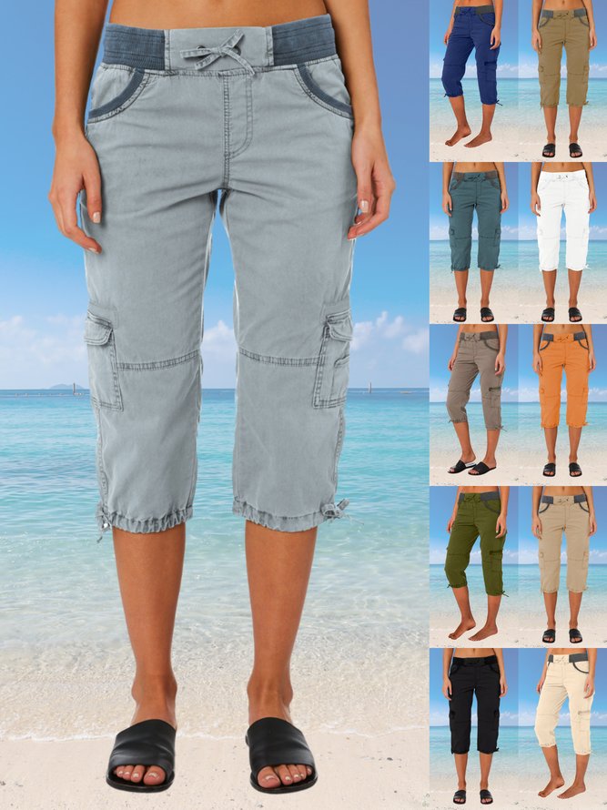 Women Plain Capris Elastic Waist Pants Casual Summer Trousers