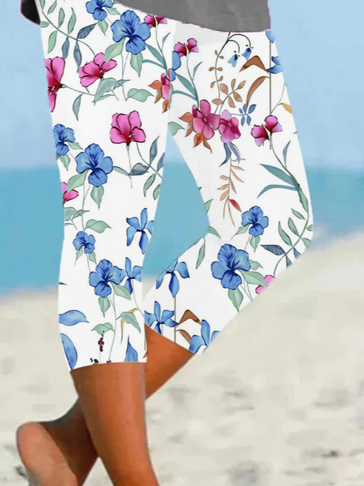 Women Floral Capris Elastic Waist Pants Casual Summer Trousers