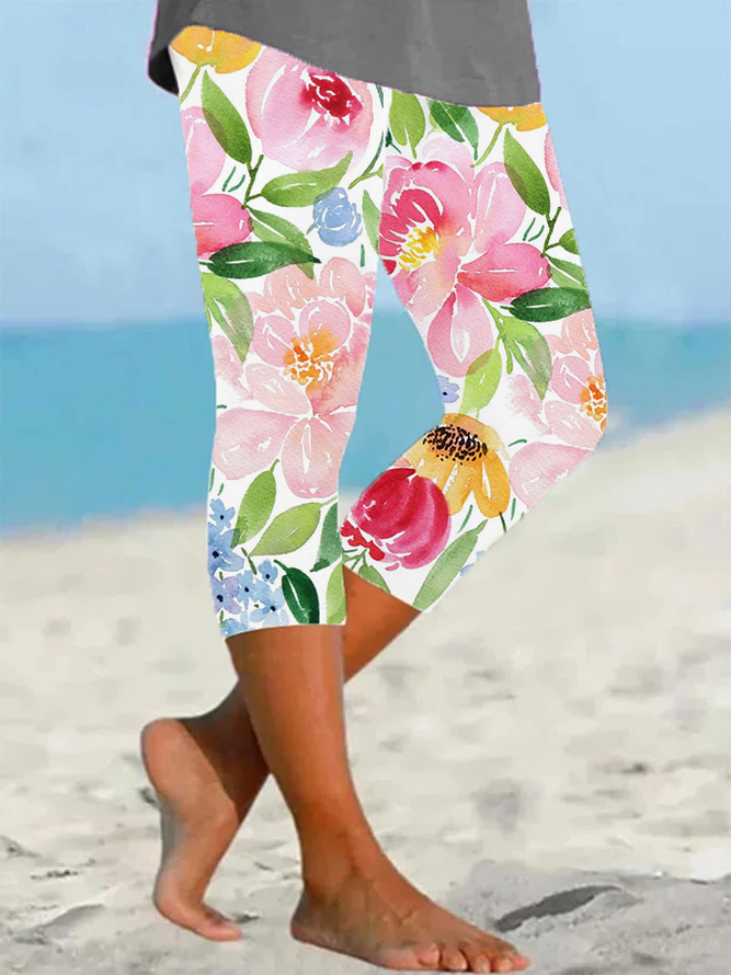 Women Floral Capris Elastic Waist Pants Casual Summer Trousers