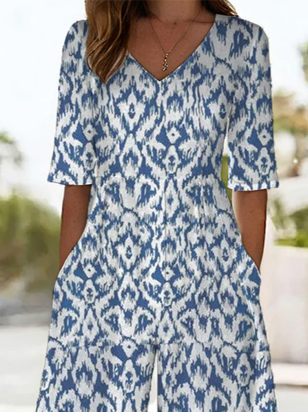 Women Geometric V Neck Half Sleeve Casual Summer Jumpsuit
