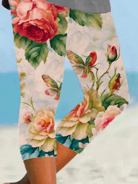 Women Floral Capris Elastic Waist Pants Casual Summer Trousers