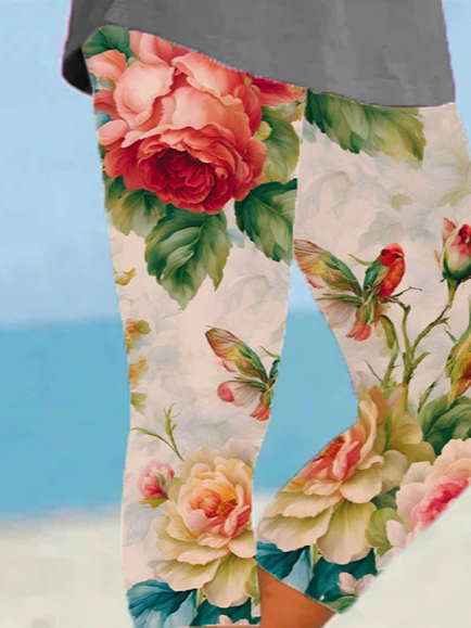 Women Floral Capris Elastic Waist Pants Casual Summer Trousers