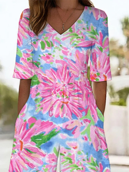 Women Floral V Neck Half Sleeve Casual Summer Jumpsuit