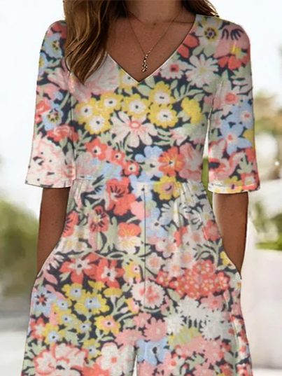 Women Floral V Neck Half Sleeve Casual Summer Jumpsuit